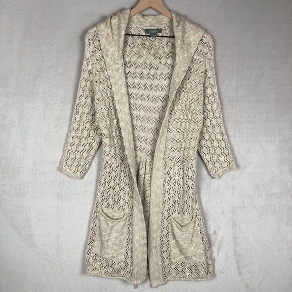 NATURAL REFLECTIONS Open Cardigan Sz L Cotton Oatmeal Open Knit Sweater Pockets - Picture 1 of 9